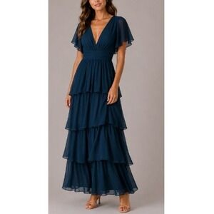 Make You Pretty More Women's Teal Blue V Neck Flutter Sleeves Maxi Dress Size 6‎
